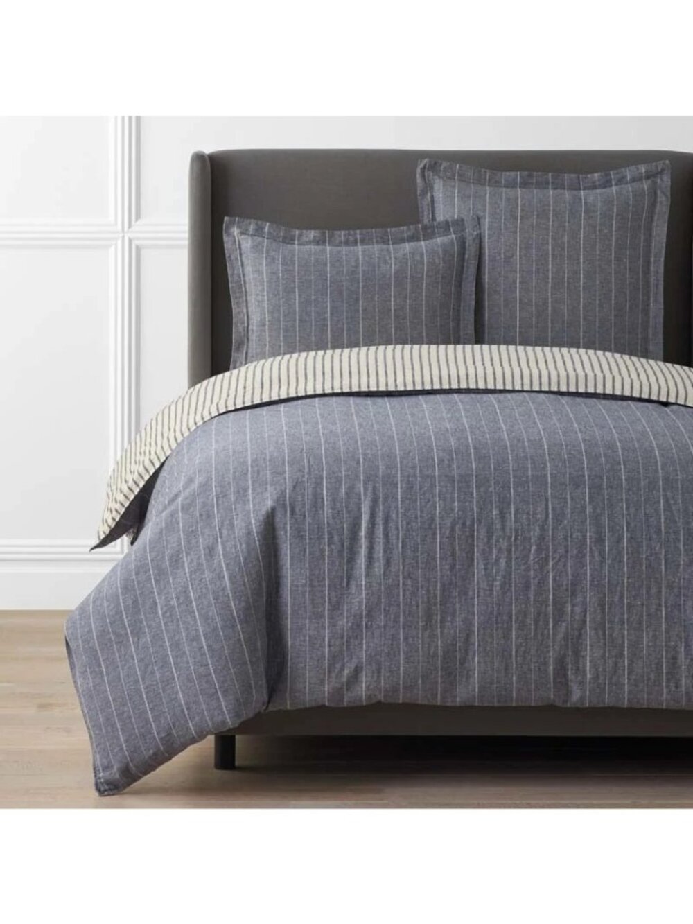 The Company Store Gray Pinstripe 100% Cotton King Duvet Cover & Sheet Set